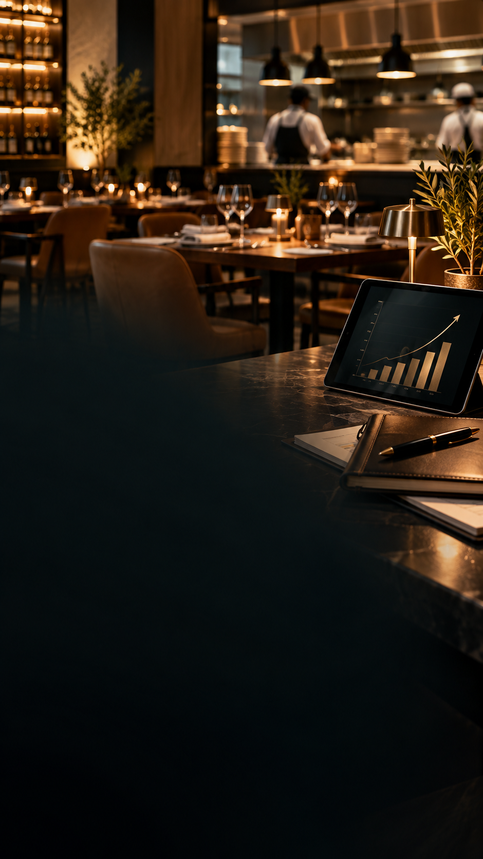 Restaurante elegante com painel de crescimento e gestão